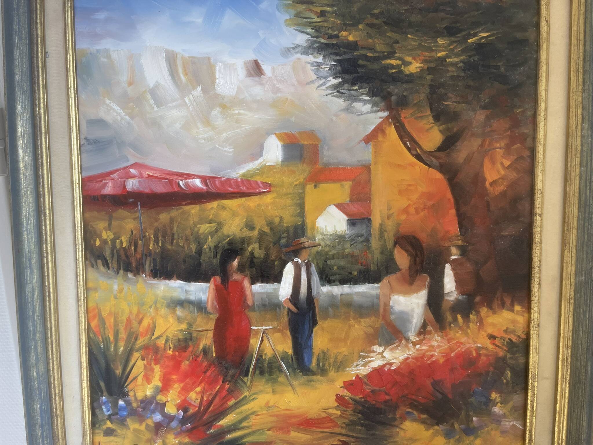 Old Oil Painting Canvas Landscape Peasant Work Provence