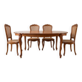 Louis XV table and 4 chairs in wood and marquetry.