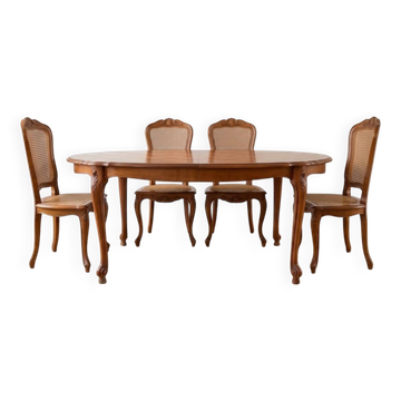 Ensemble table et 4 chaises Louis XV en bois et marqueterie
