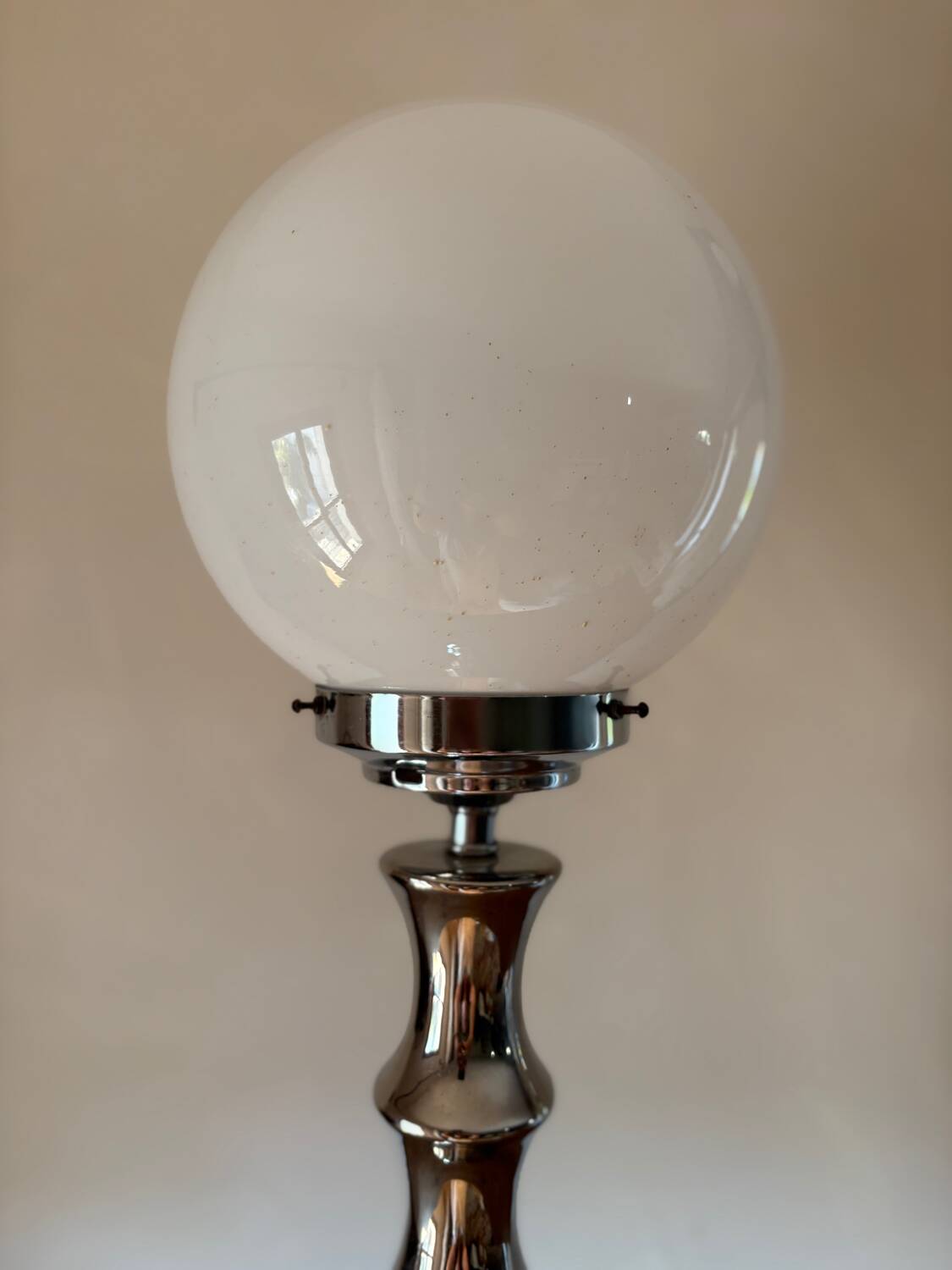 Vintage 1970s chrome globe lamp with bamboo-like finish