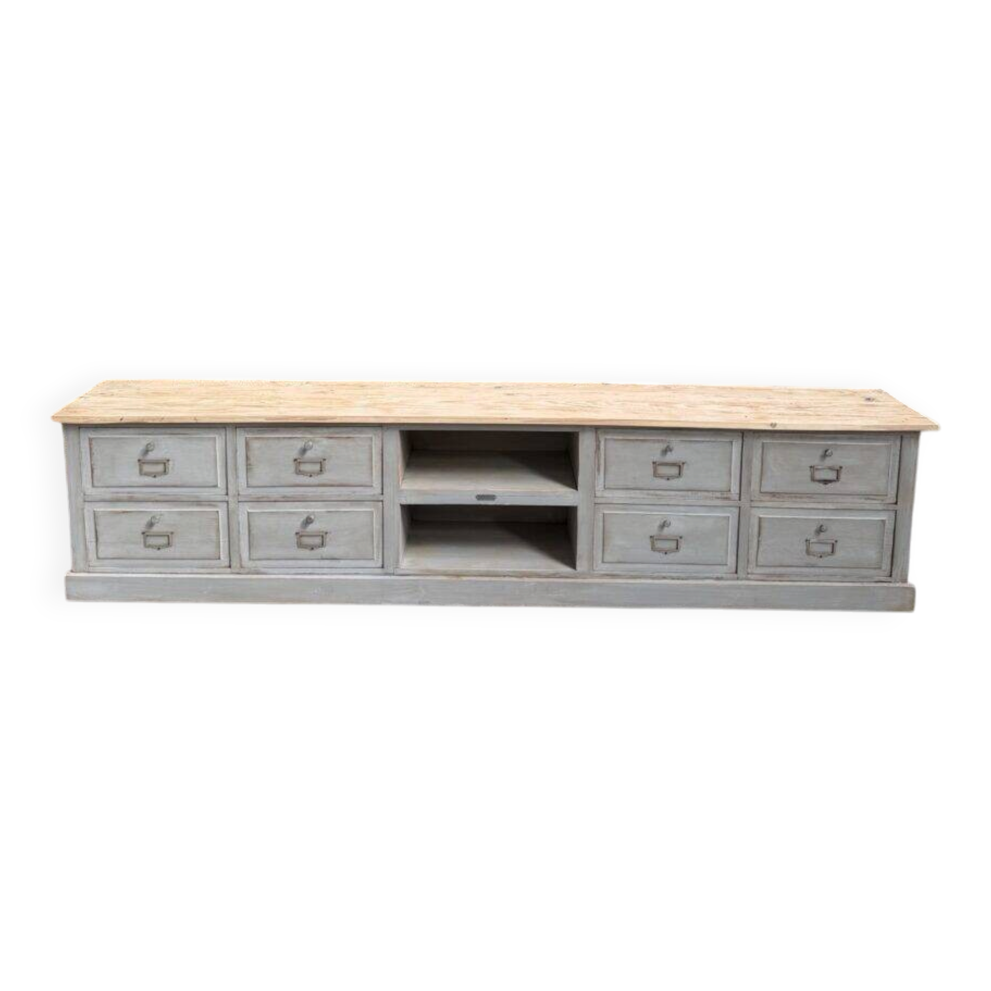 Old workshop furniture transformed into a TV unit.