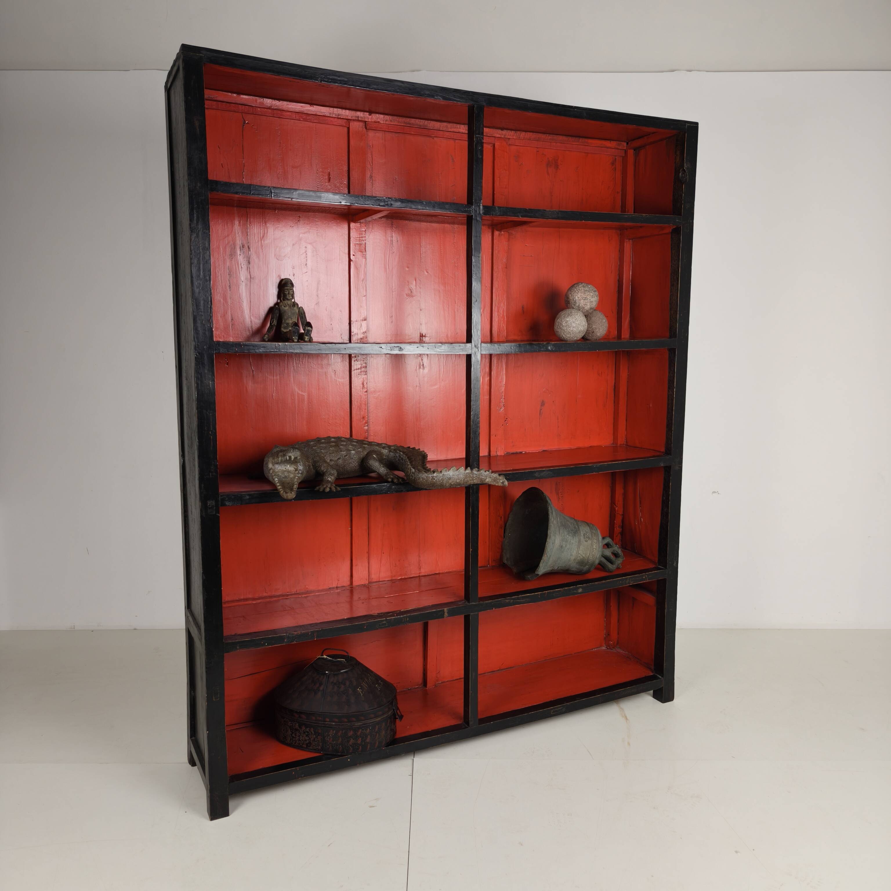 Antique Chinese Display Cabinet / Open Bookcase with Red Lacquer Interior