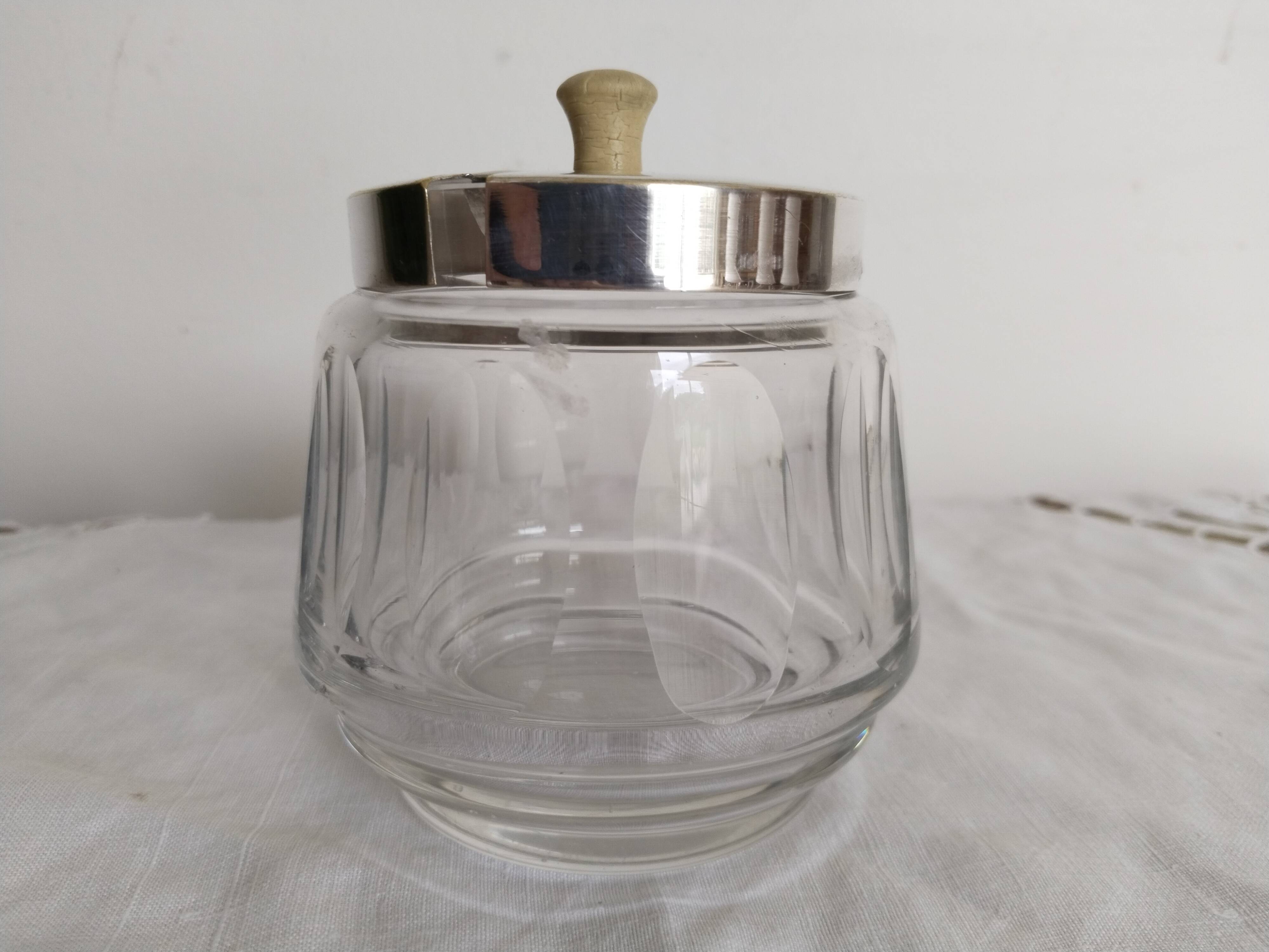 Jam pot, jam maker, sugar bowl, in crystal and silver metal
