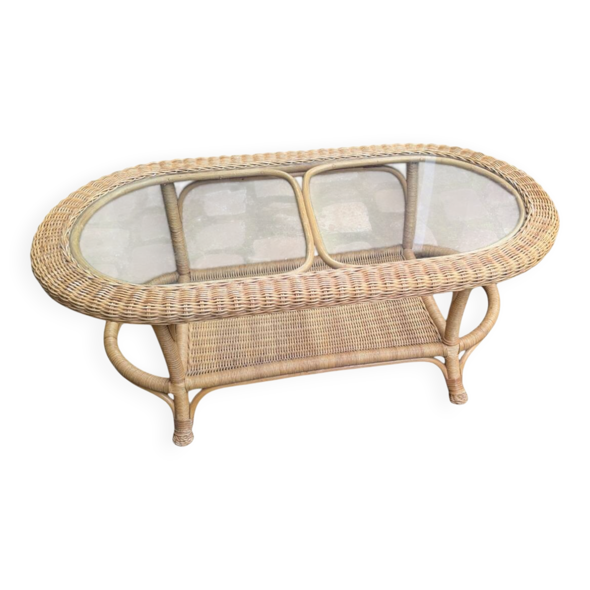 Vintage Rattan and Wicker Coffee Table - Glass Top - Bohemian Style