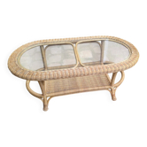 Table Basse Vintage en Rotin et Osier - Plateau Verre - Style Bohème