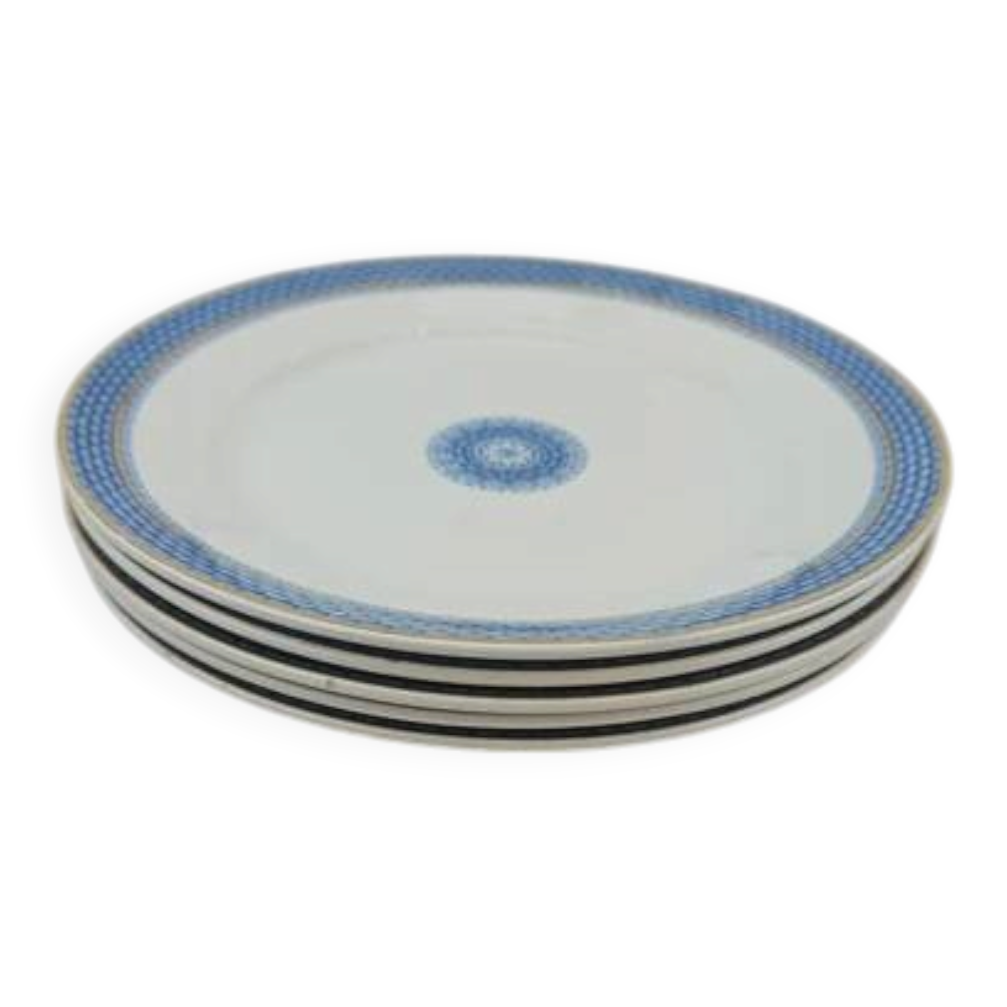 Set of 5 flat porcelain plates with blue rim, Société Céramique Maastricht, gold border.