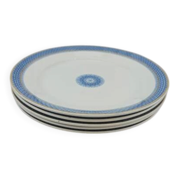 Set of 5 flat porcelain plates with blue rim, Société Céramique Maastricht, gold border.