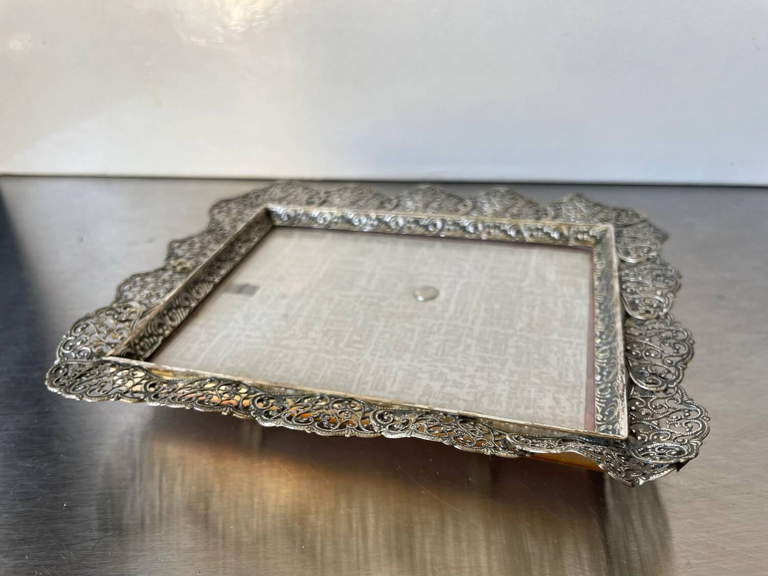 Vintage Metal frame silver plated Frame 16 cm x 13 cm CONVEX glass