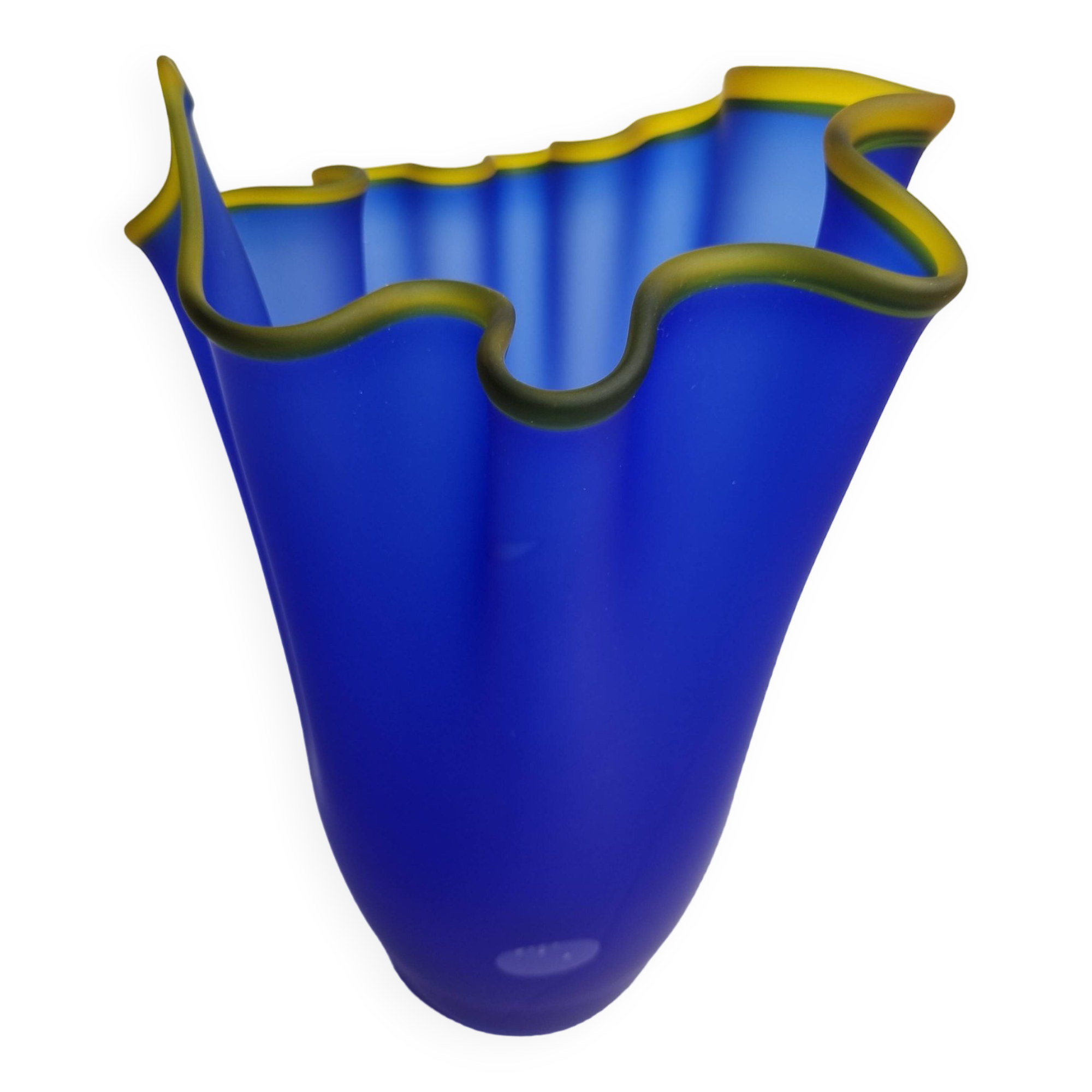Vase handkerchief in vintage Murano glass, cobalt blue with yellow edging, 80s, 30 cm