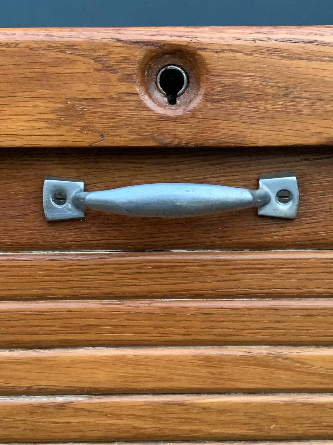 Antique oak tambour door filing cabinet, H120