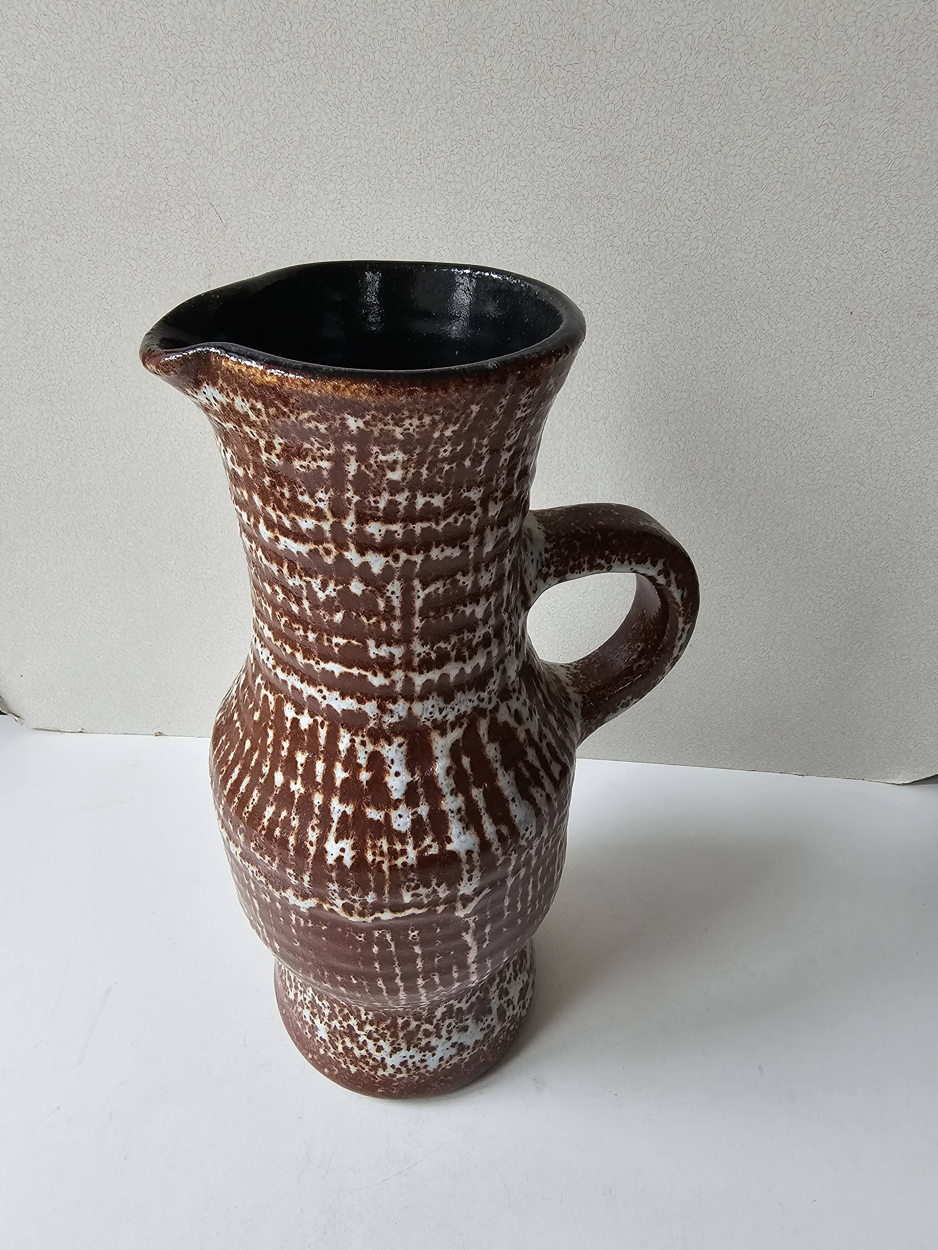 Large brown glazed ceramic pitcher signed accolay - height 31cm