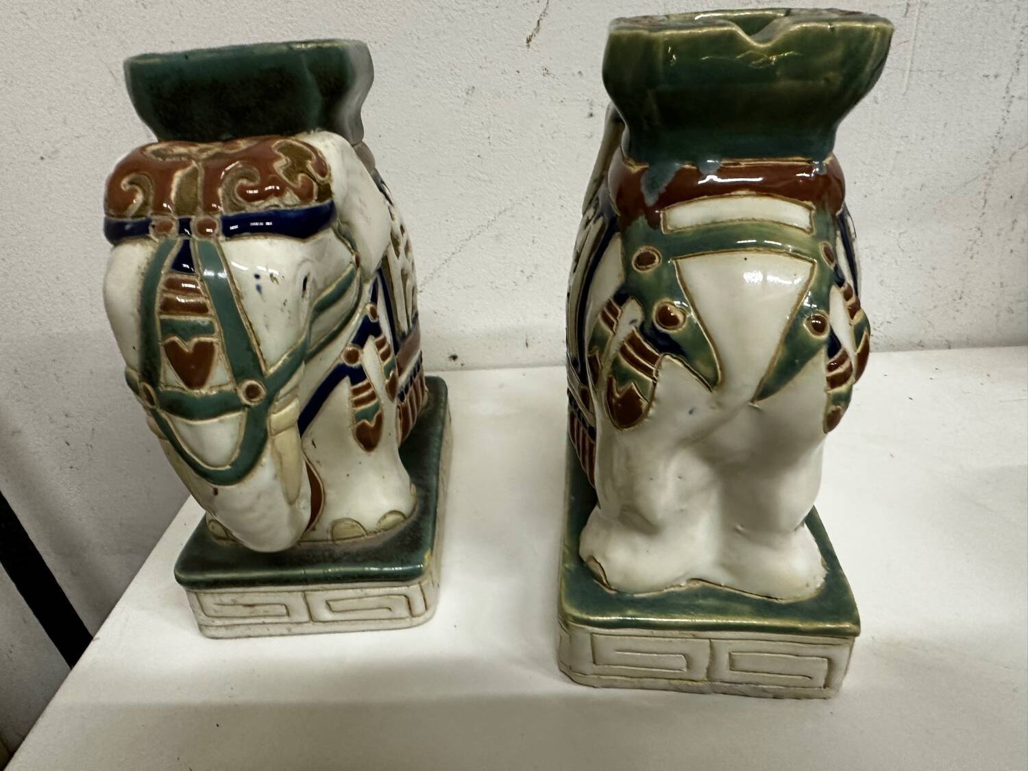 Pair of ceramic elephant plant stands polychrome sculpture - India