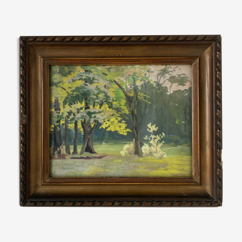 Gouache drawing representing a clearing on the edge of a forest or a wooded park