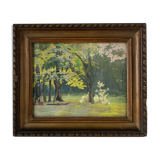 Gouache drawing representing a clearing on the edge of a forest or a wooded park