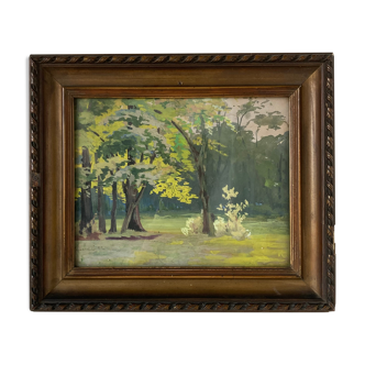 Dessin à la gouache représentant une clairière en lisière de forêt ou un parc arboré