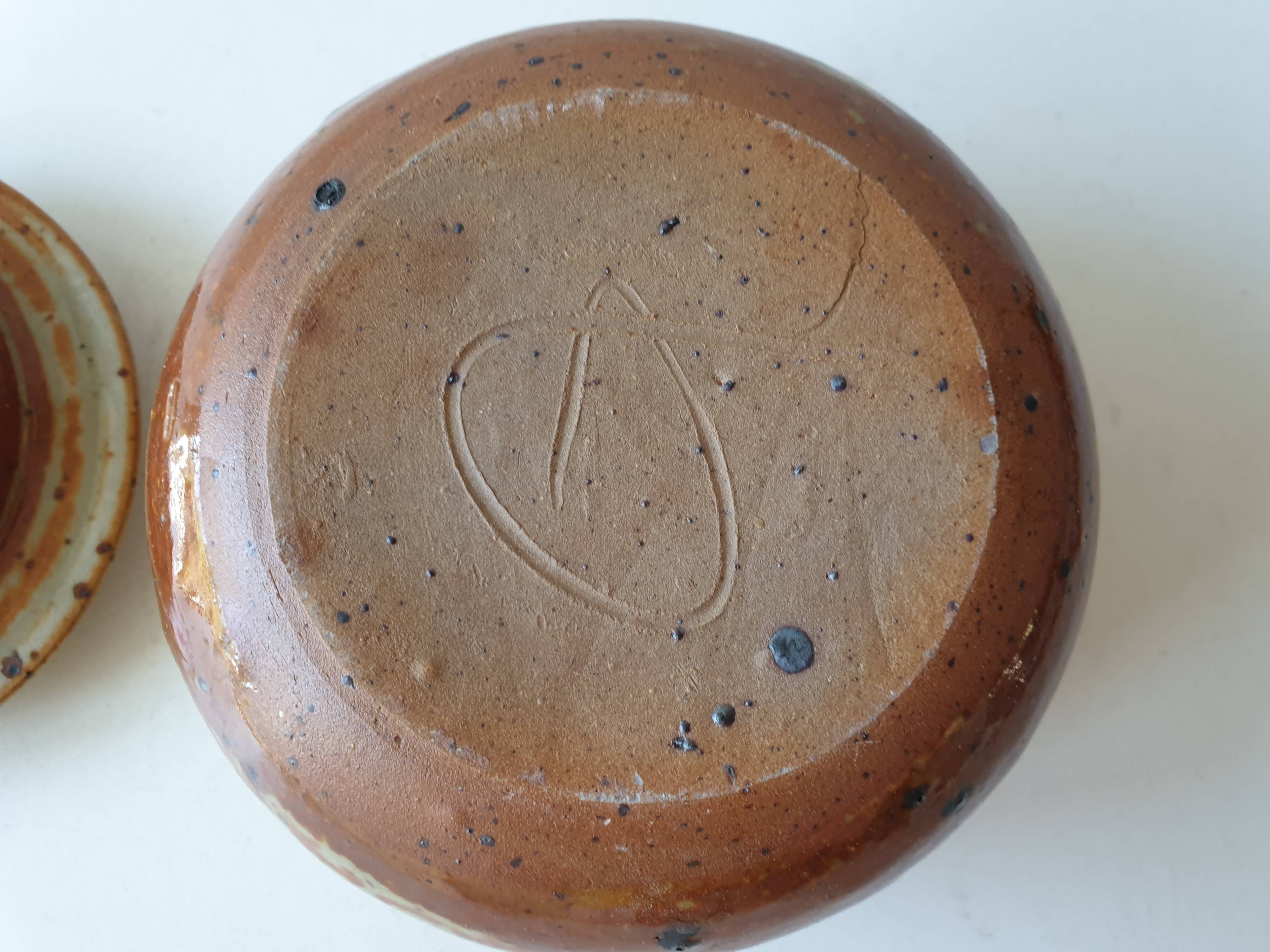 Pyrite stoneware ceramic candy box signed A (Signature to be identified)