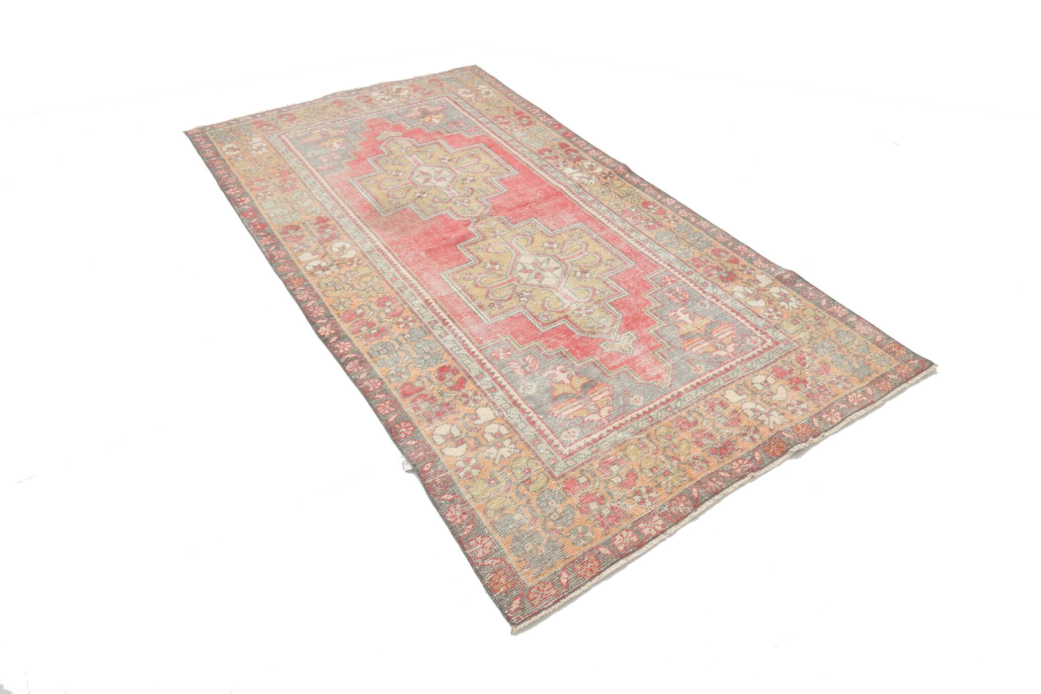 Turkish Light Yellow & Red Vintage Rug, 135x253Cm