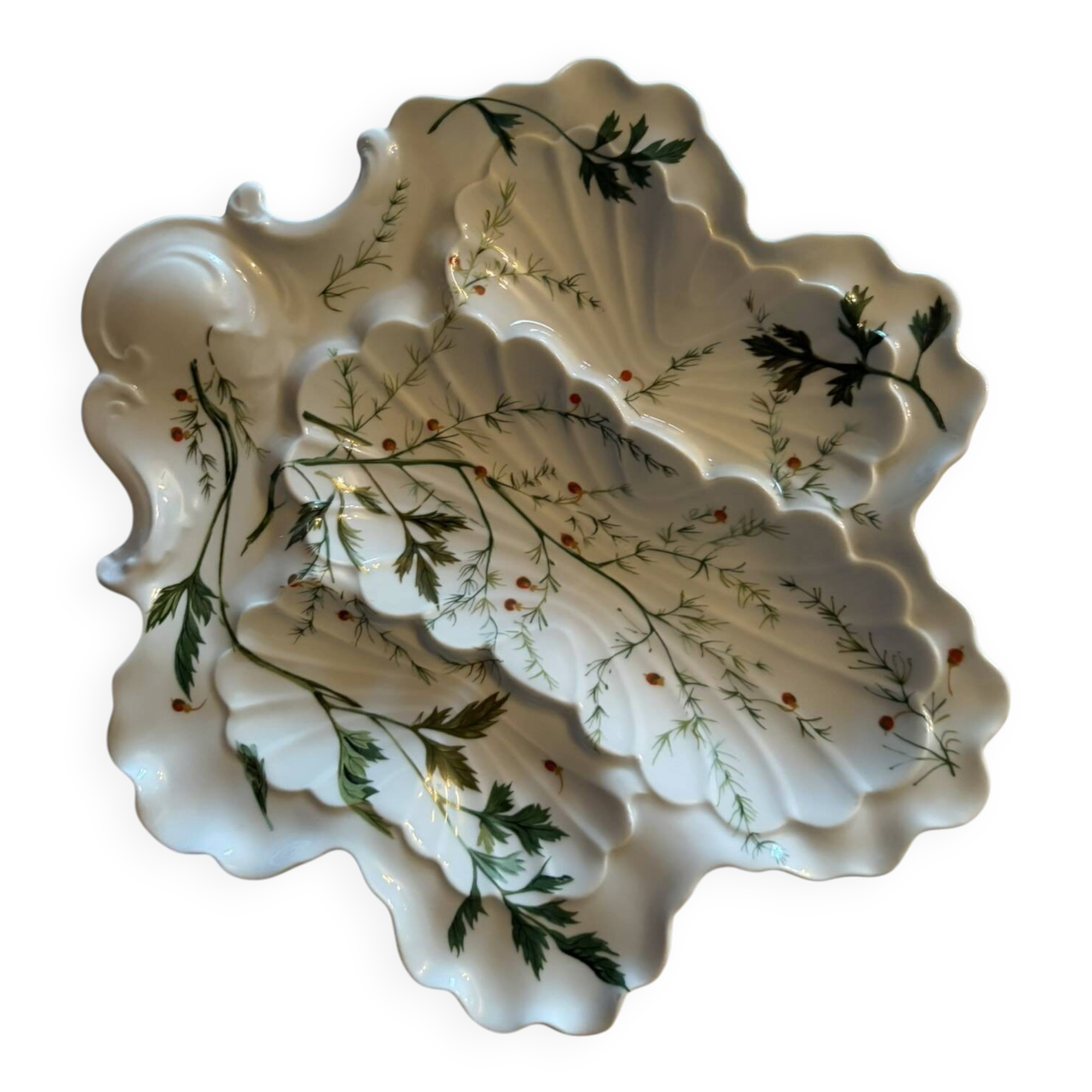 Limoges porcelain oyster plate BH, Art Nouveau botanical decoration.