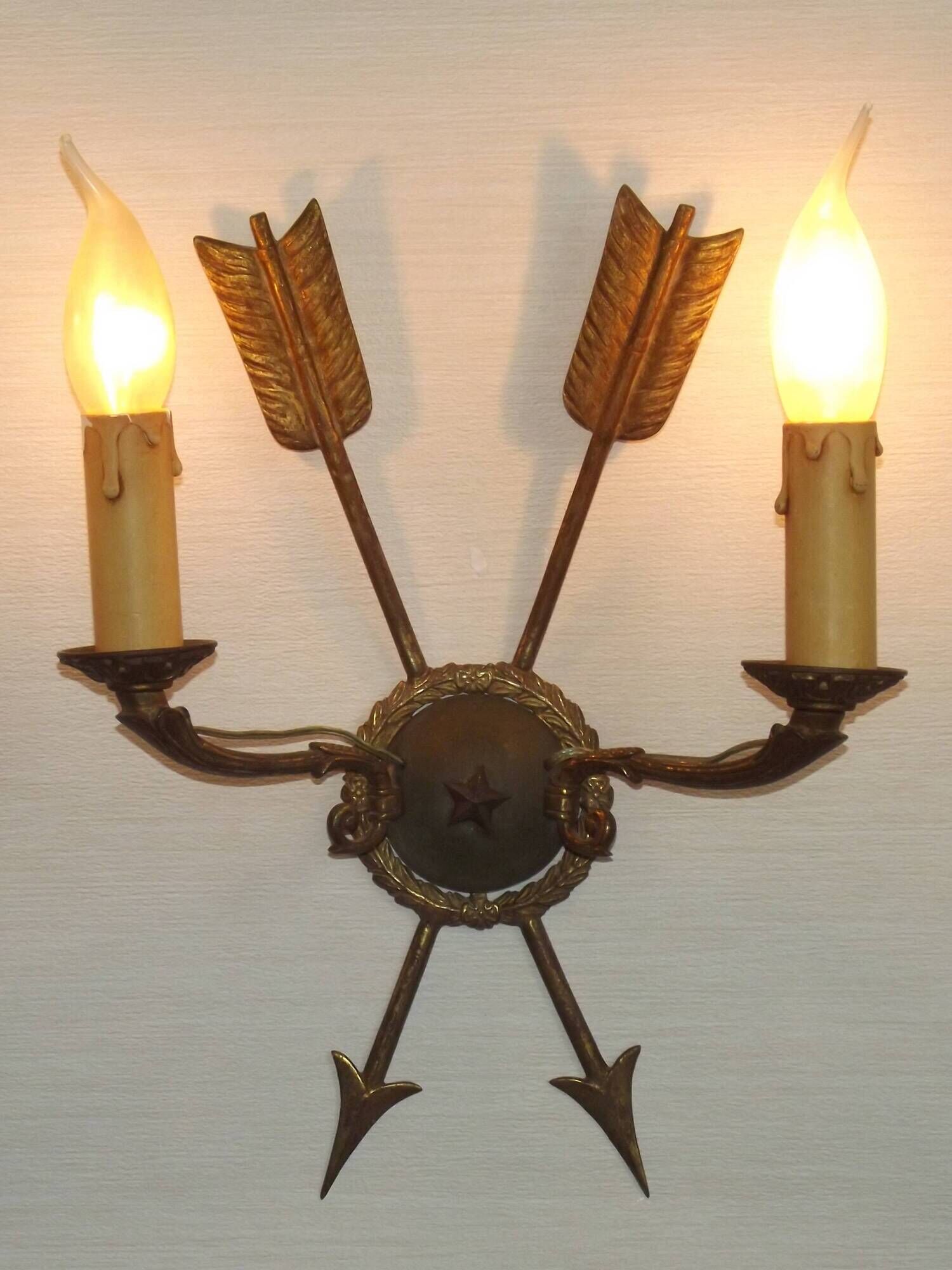 French Vintage Bronze Empire Arrow & Quiver Criss Cross Double Wall Sconces