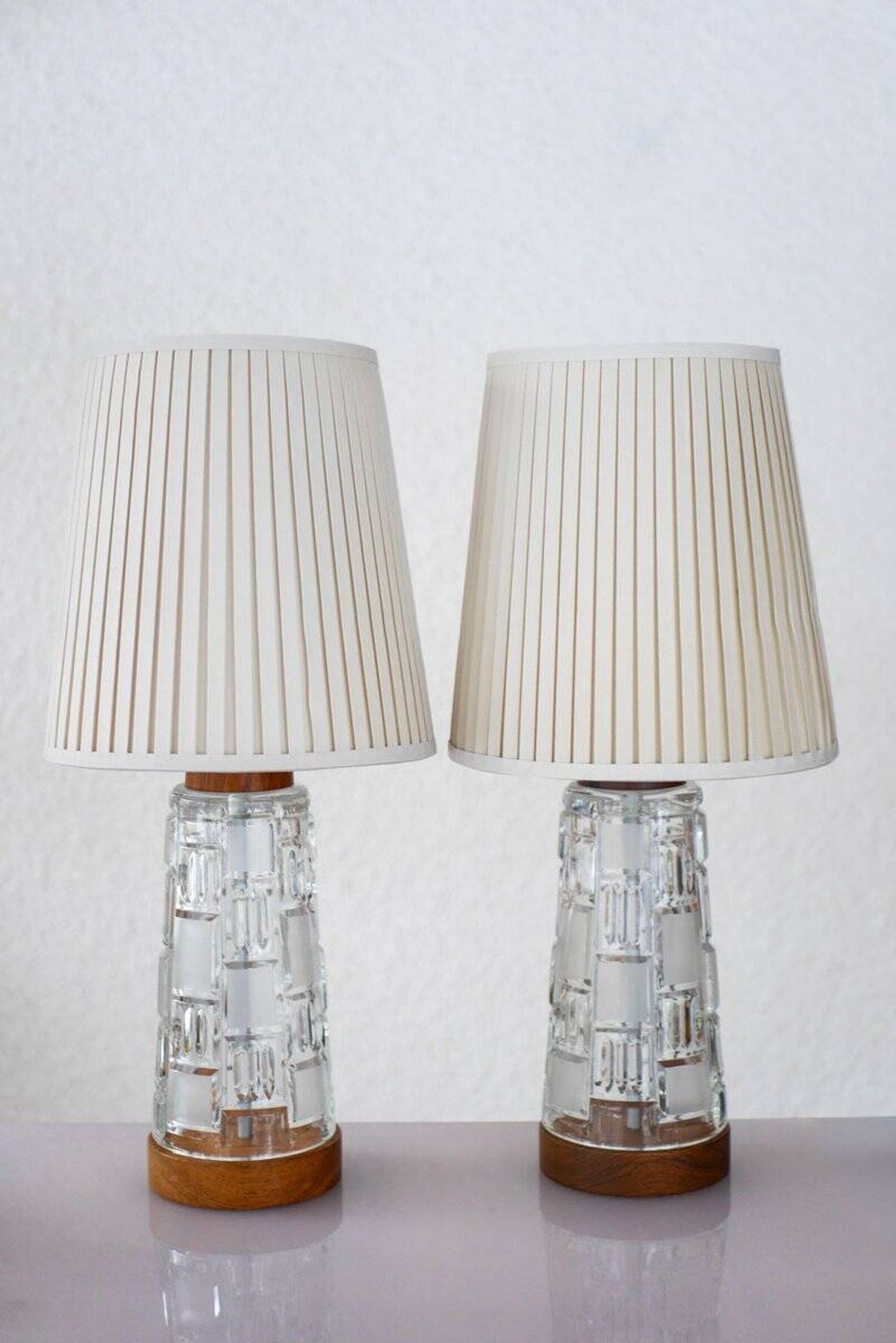 Mid-century modern Scandinavian teak and glass table lamps, set of 2