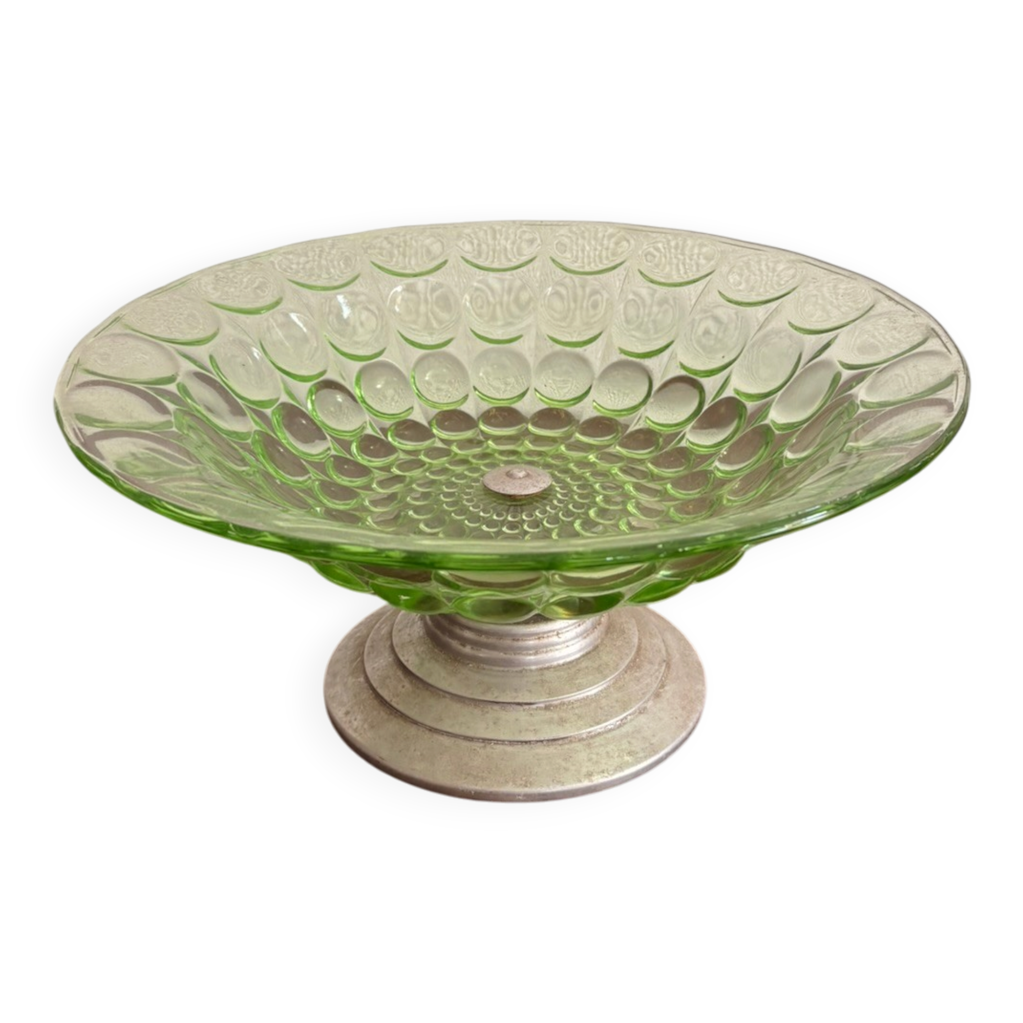 Art Deco Green Moulded Glass Coupe Centre Table with Metal Space Age Base