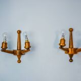 Pair of two-armed art deco wall lights, carved wood, France, 1960
