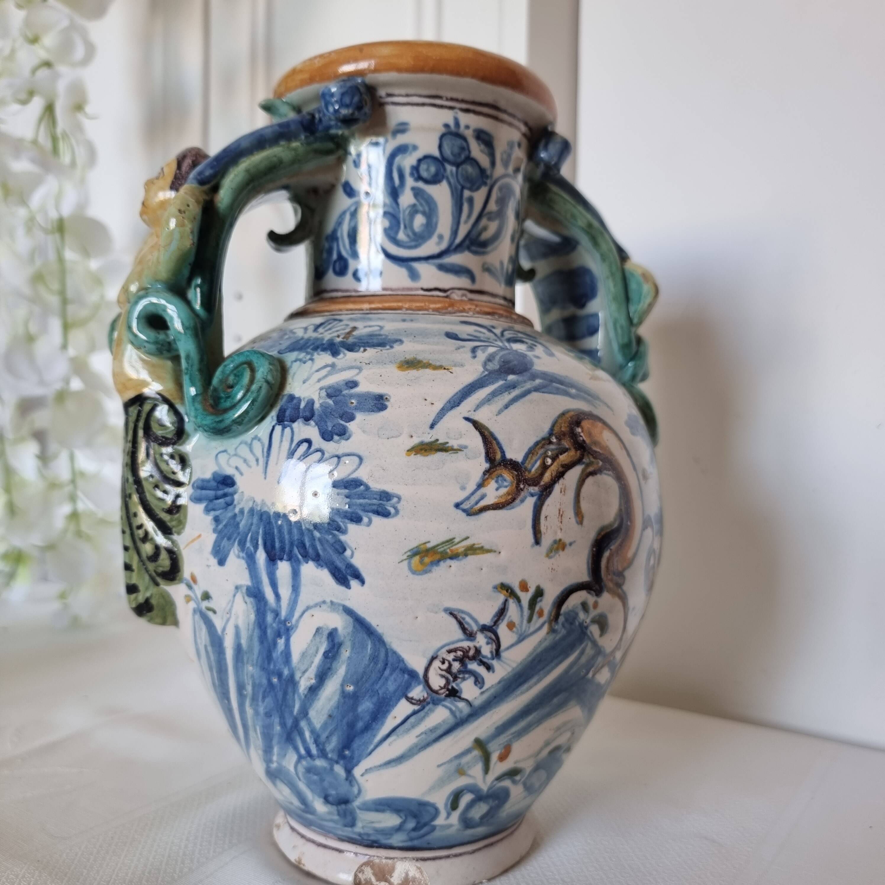 Ancient Spanish pottery amphora, Talavera Niveiro pottery 19th century