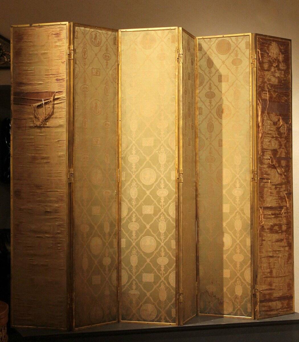 19th Century Italian Six-Panel Painted Wood Folding Screen in Gilt Bronze Frame