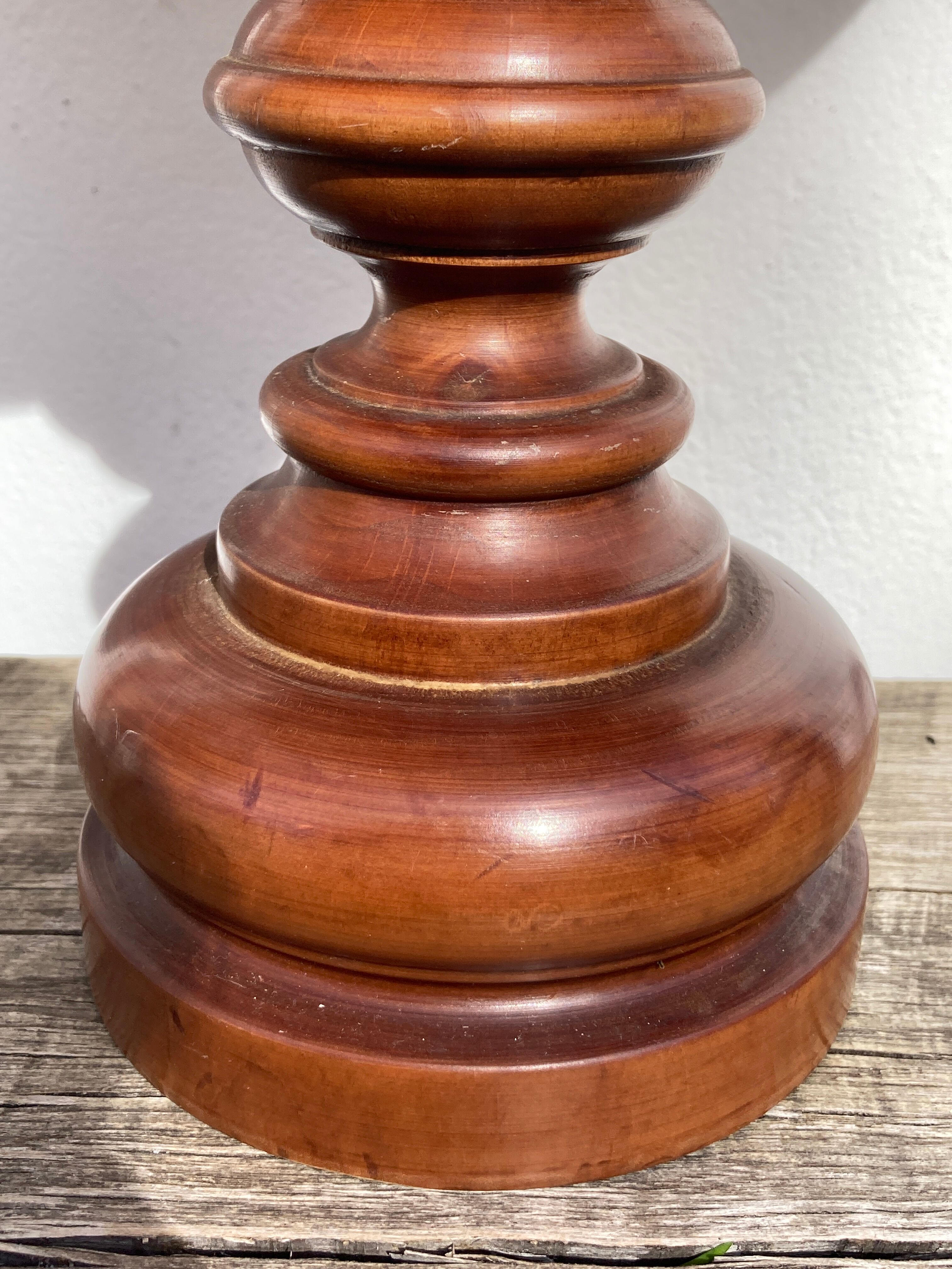 Turned wooden lamp old bluish gray lampshade