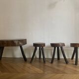 Brutalist wooden table and 3 stools