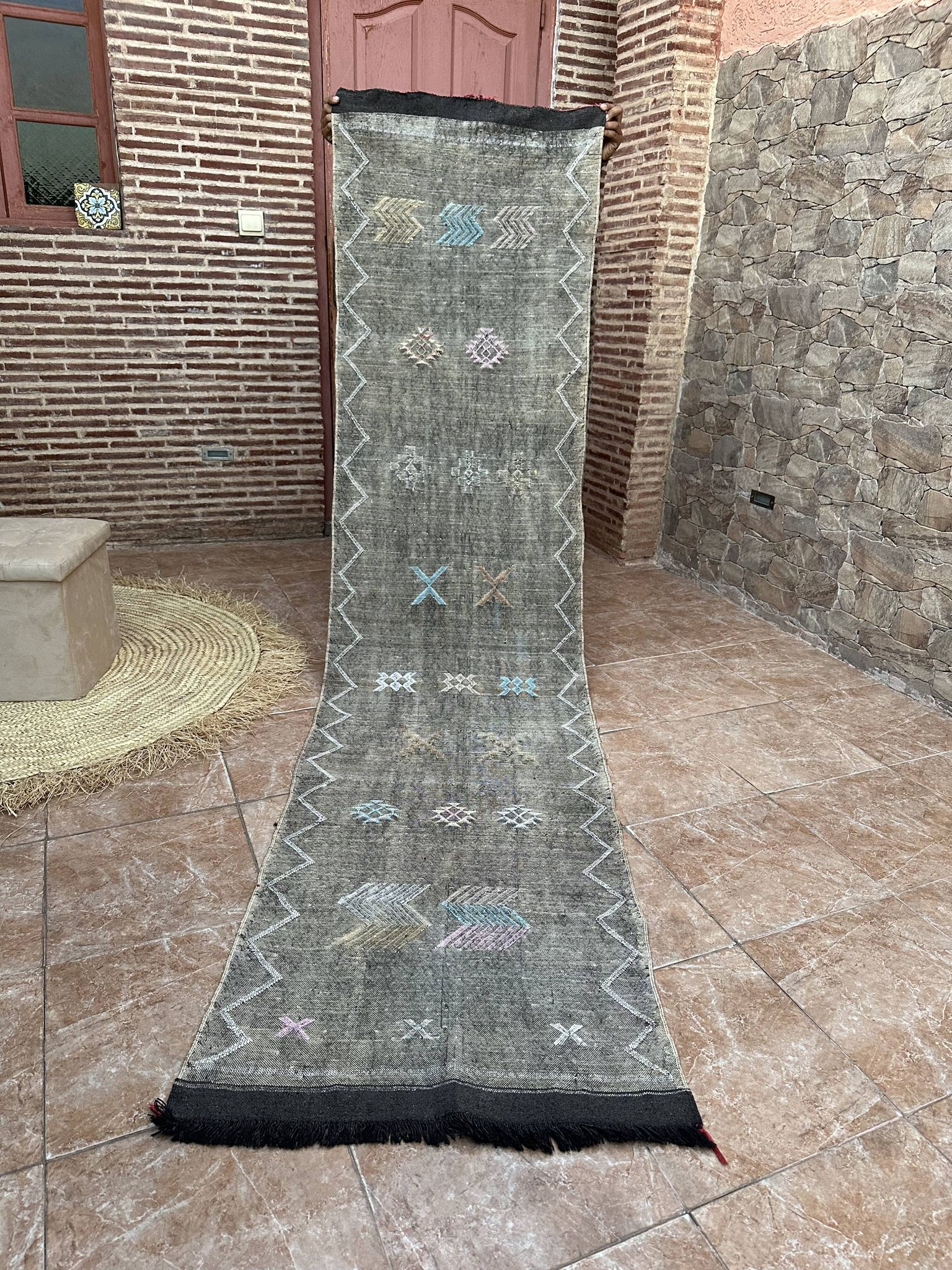 Moroccan silk hallway rug with cactus pattern: handwoven
