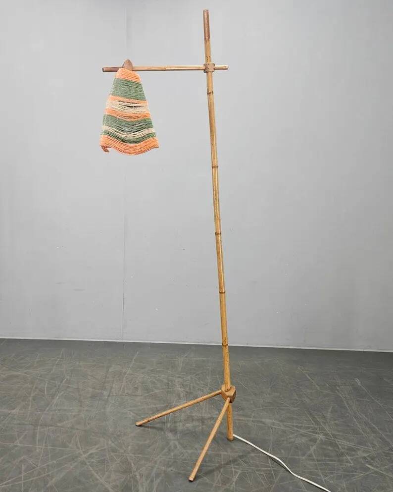 Rare Midcentury Floor Bambnoo and String Lamp, 1960s