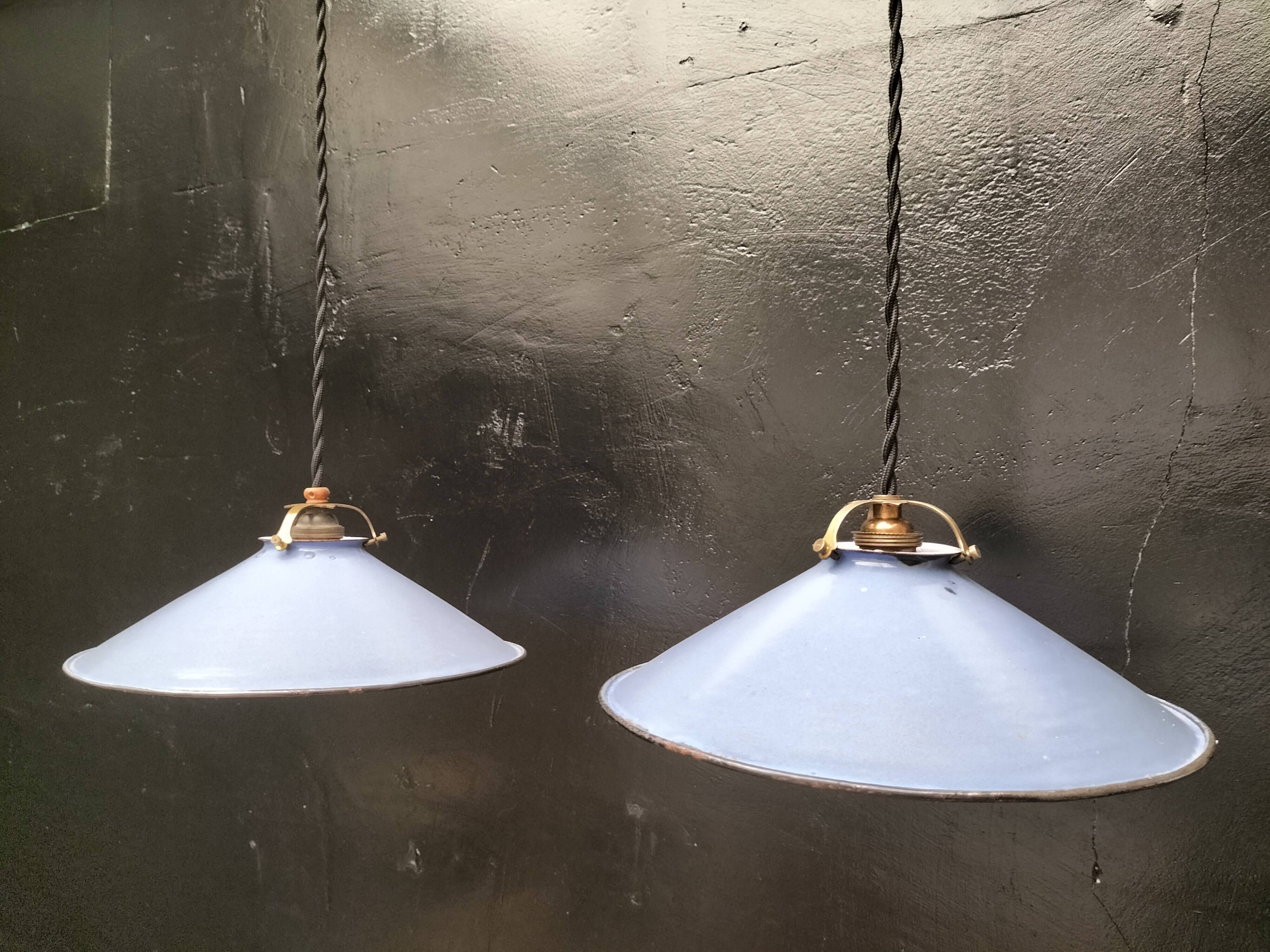 Pair of blue enameled sheet metal pendant lights