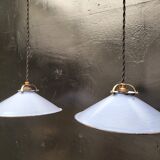 Pair of blue enameled sheet metal pendant lights