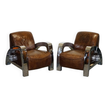 Fauteuils Aviator Héritage en Cuir Marron Art Déco en Chrome, France, Set de 2