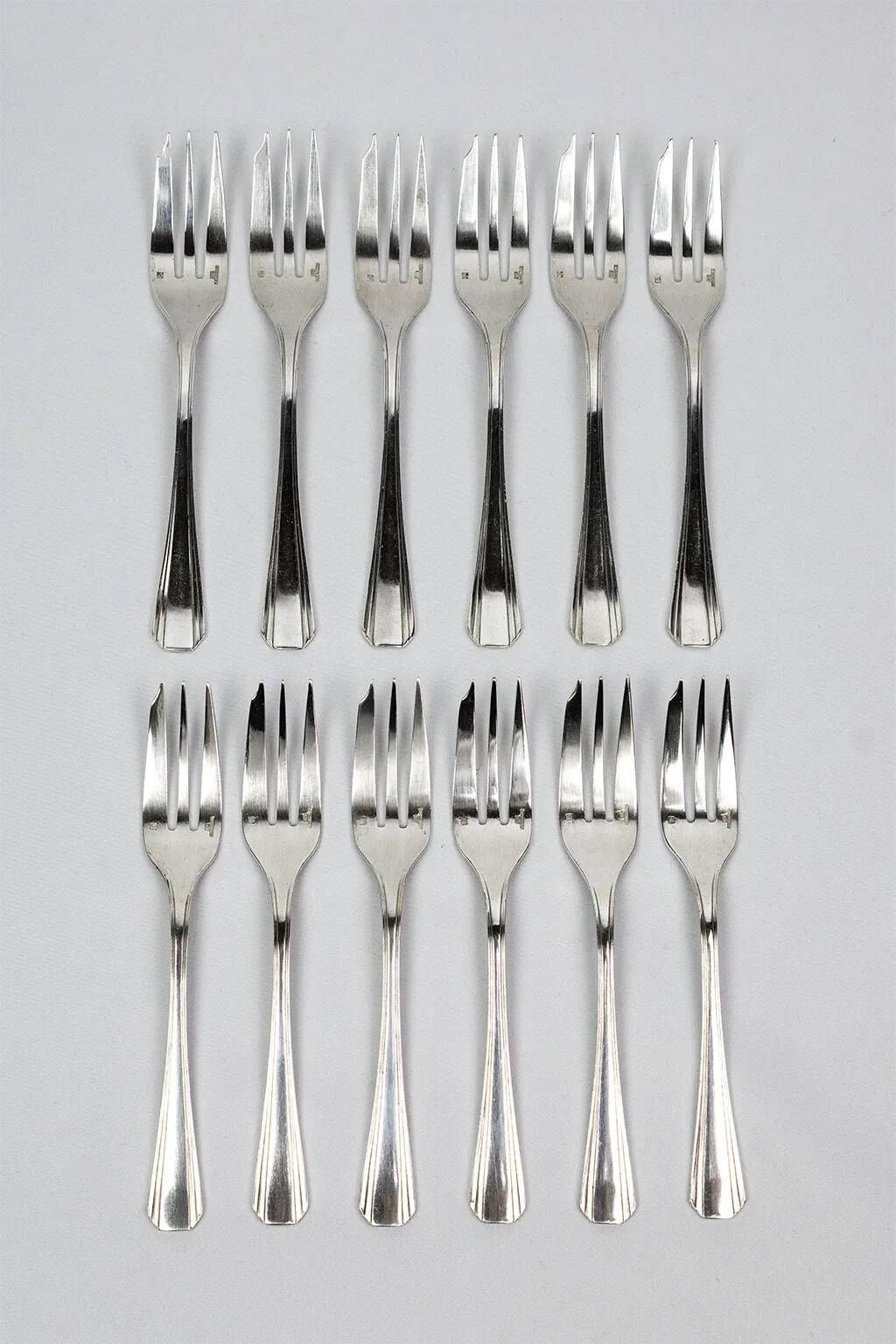 12 dessert forks Christofle Boréal by Luc Lanel, silver-plated metal