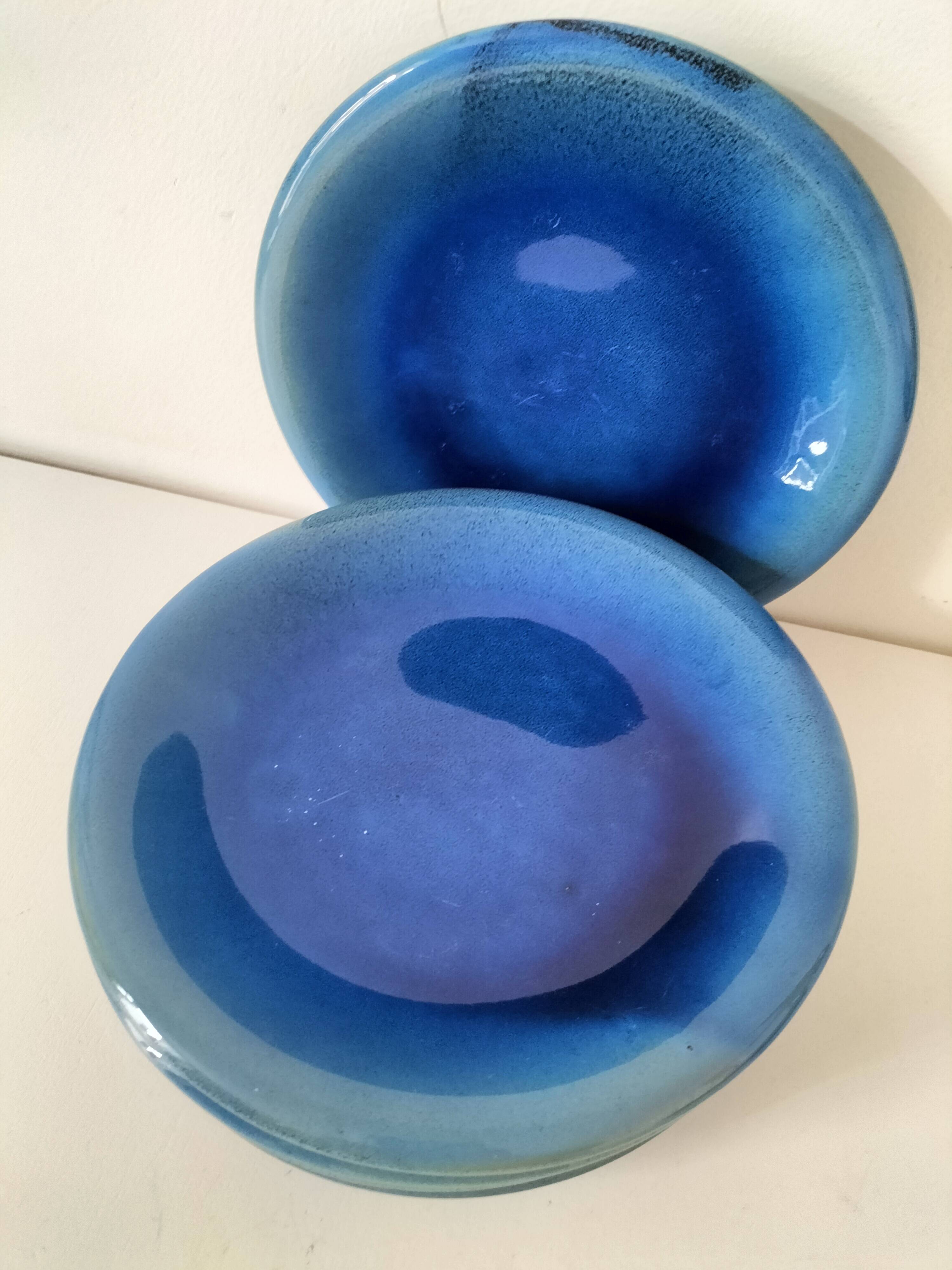6 grandes assiettes plates en grès bleu cobalt et turquoise