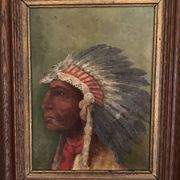 Old oil painting on panel of a Native American chief from the 19th century Wild West.