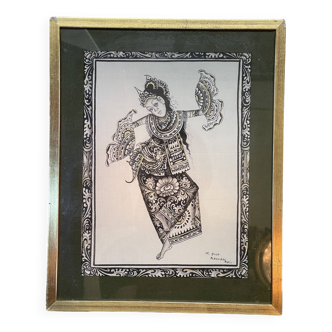 Indonesian engraving in frame enhanced with gold