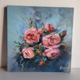 Oil on canvas painting of a bouquet of roses signed Paumier.