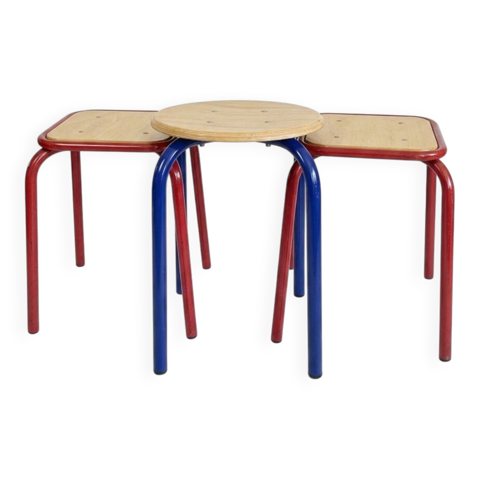 Vintage workshop style stool trio – 2 red & 1 blue