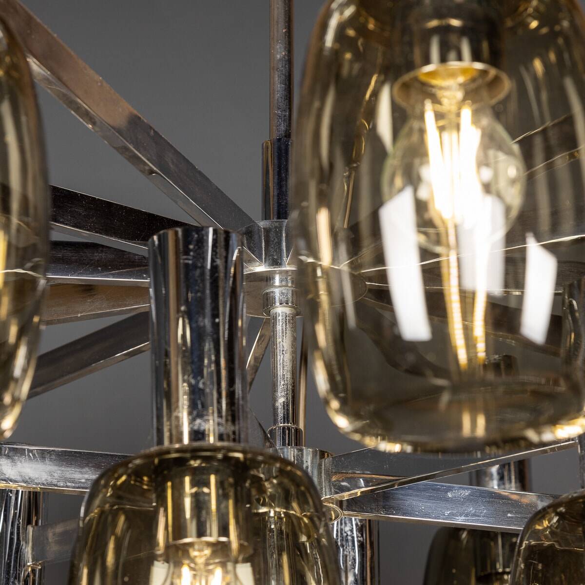 20thC ITALIAN CHROME & SMOKED GLASS EIGHTEEN LIGHT CHANDELIER c.1970