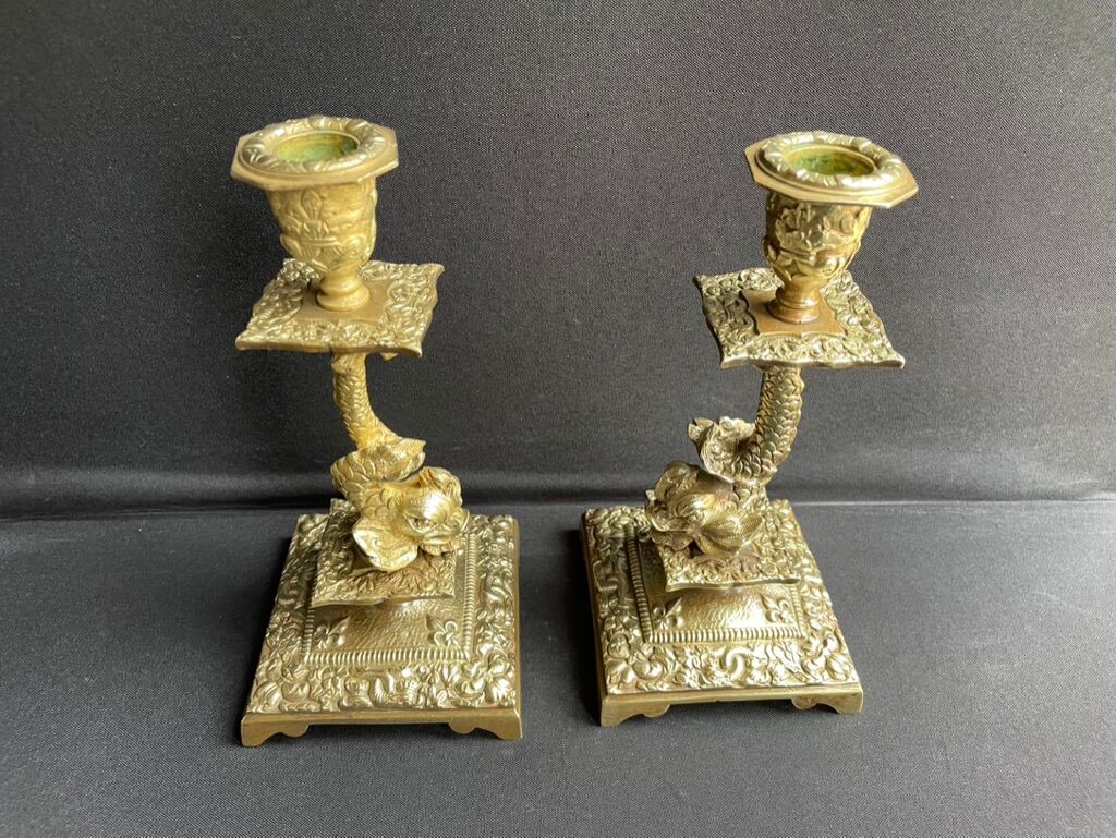 Pair of Napoleon III candle holders - Louis XIV style - Bronze (gilded)