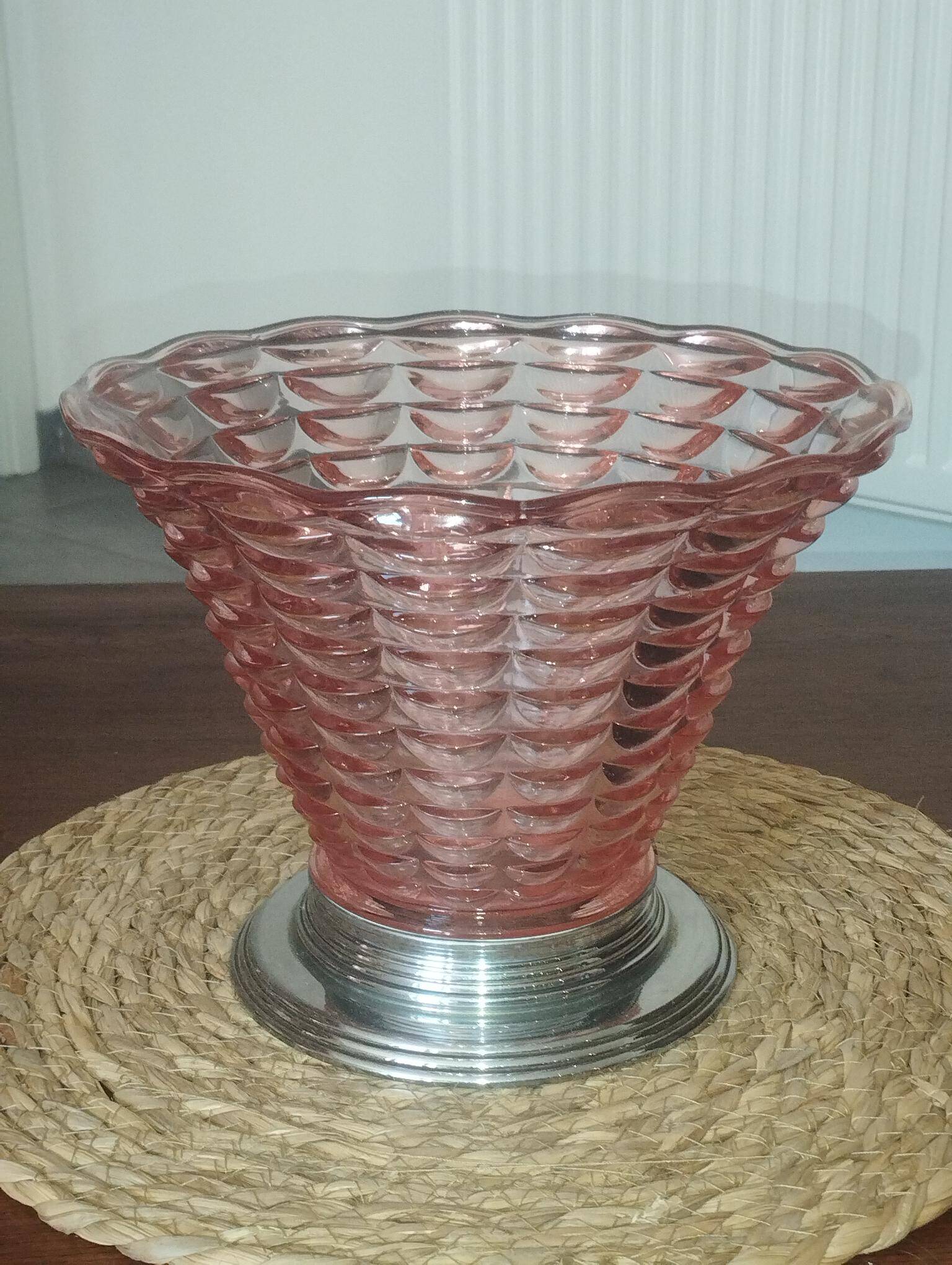 Art Deco cornucopia vase, centrepiece, bowl - blown glass & chrome 1930