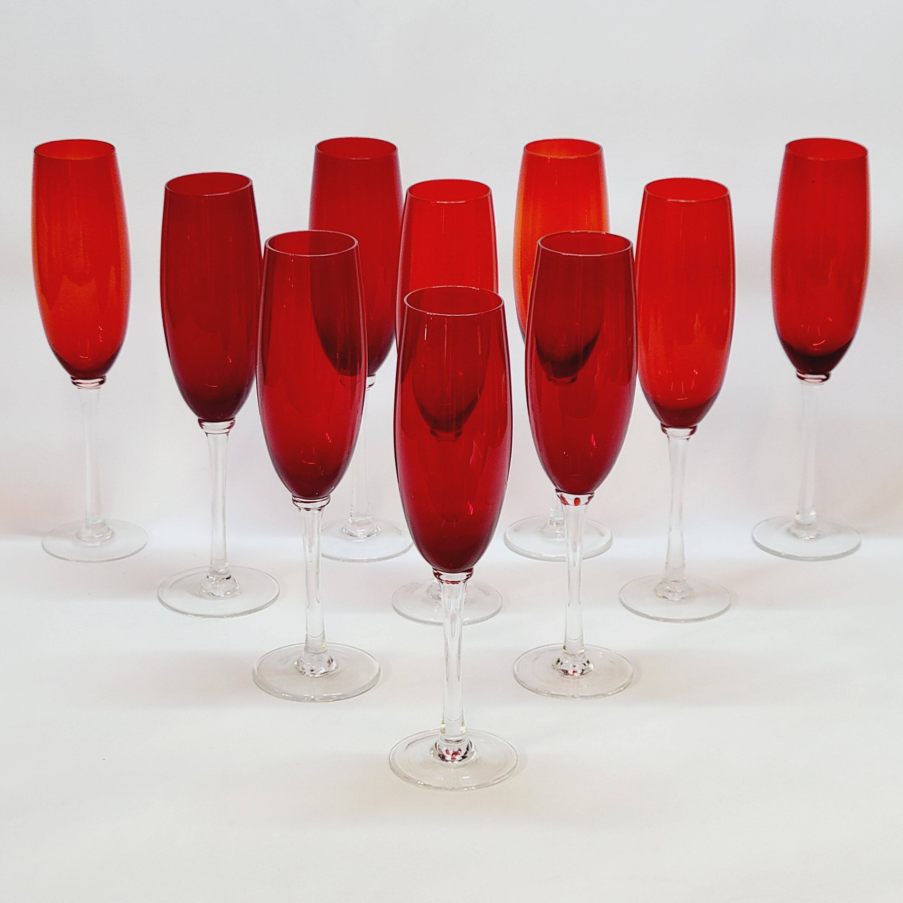 10 ruby red blown glass champagne flutes