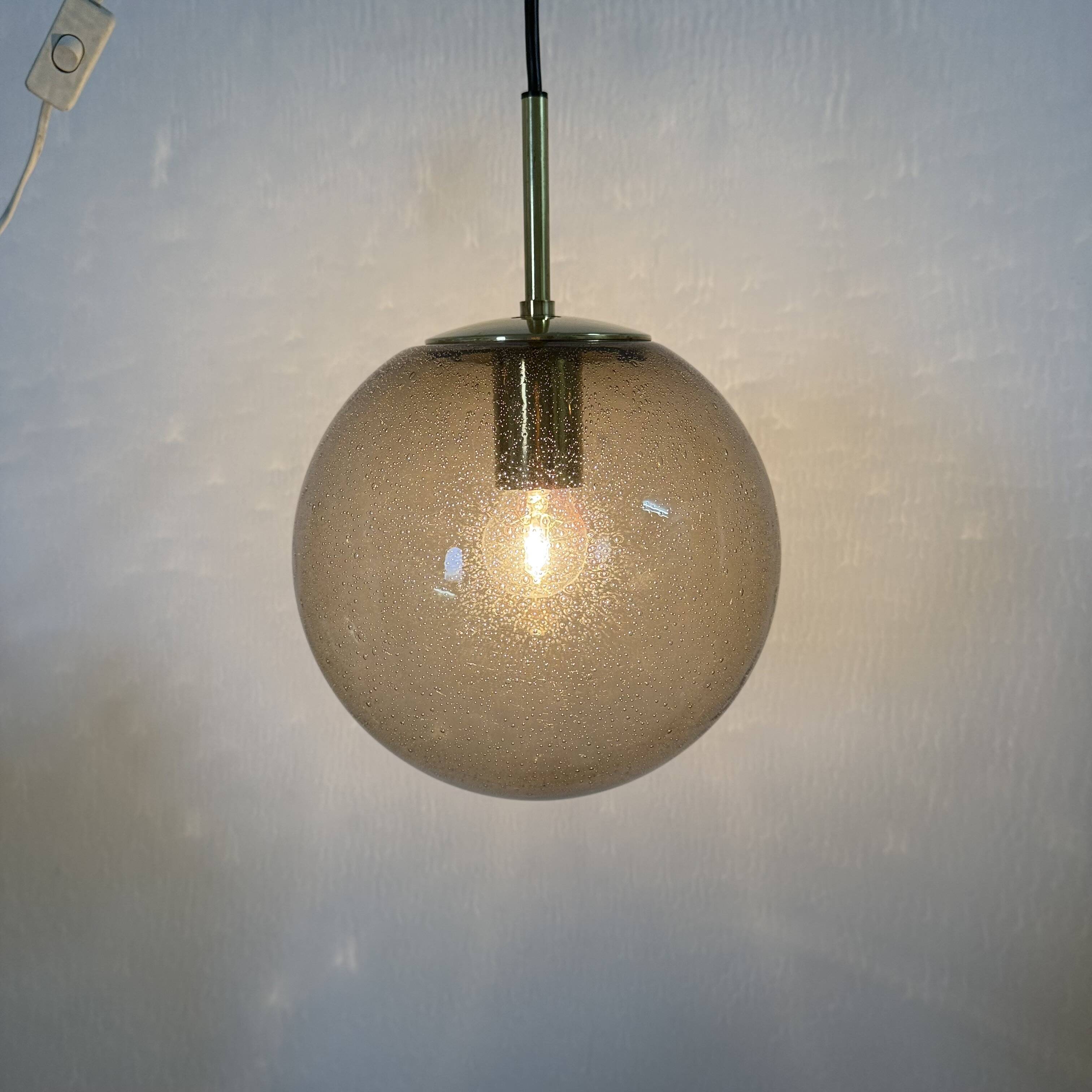 Limburg Glashütte brass smoked glass ball pendant hanging lamp , 1970s