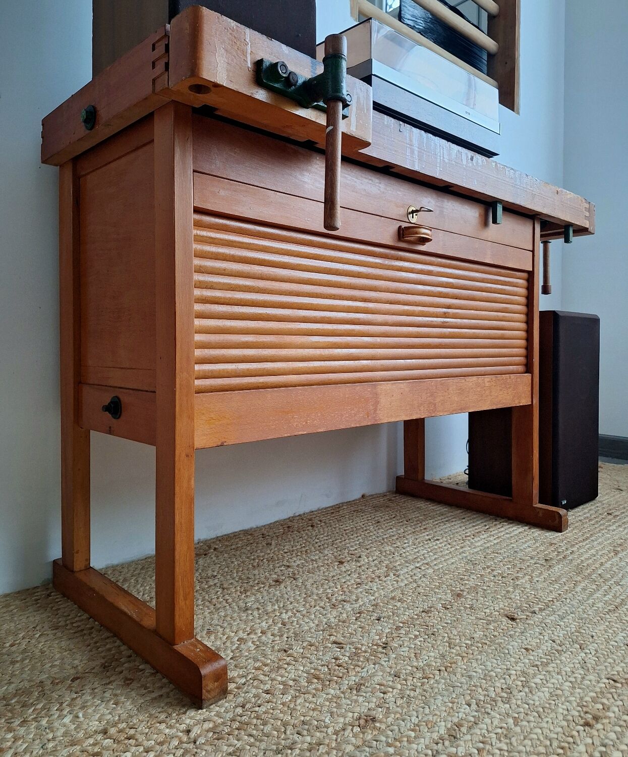 Vintage workbench with vices, antique workshop furniture.