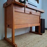 Vintage workbench with vices, antique workshop furniture.