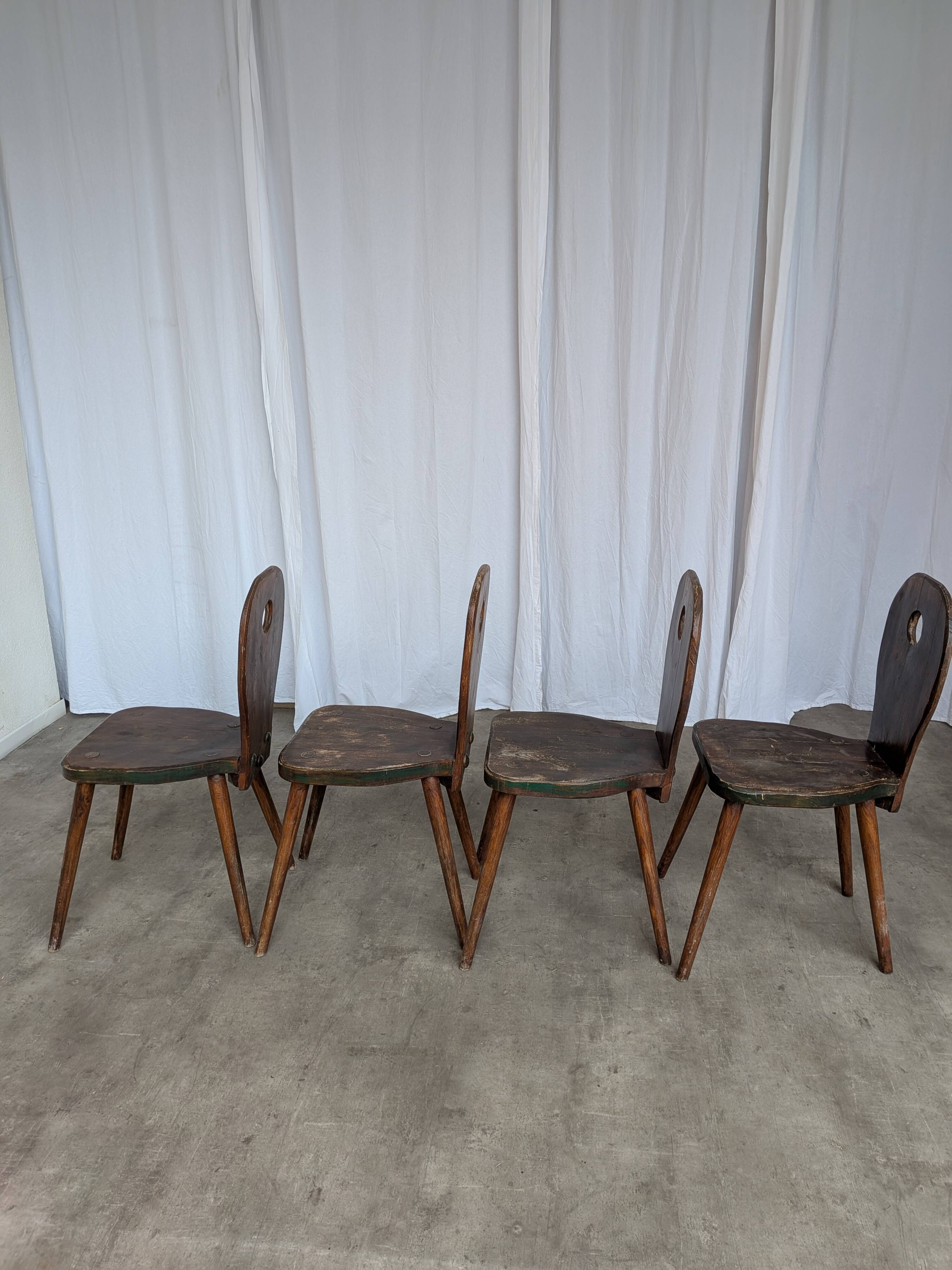 Set of 4 Vintage Brutalist Wooden Chair / Rustic Farmhouse Dining Chair