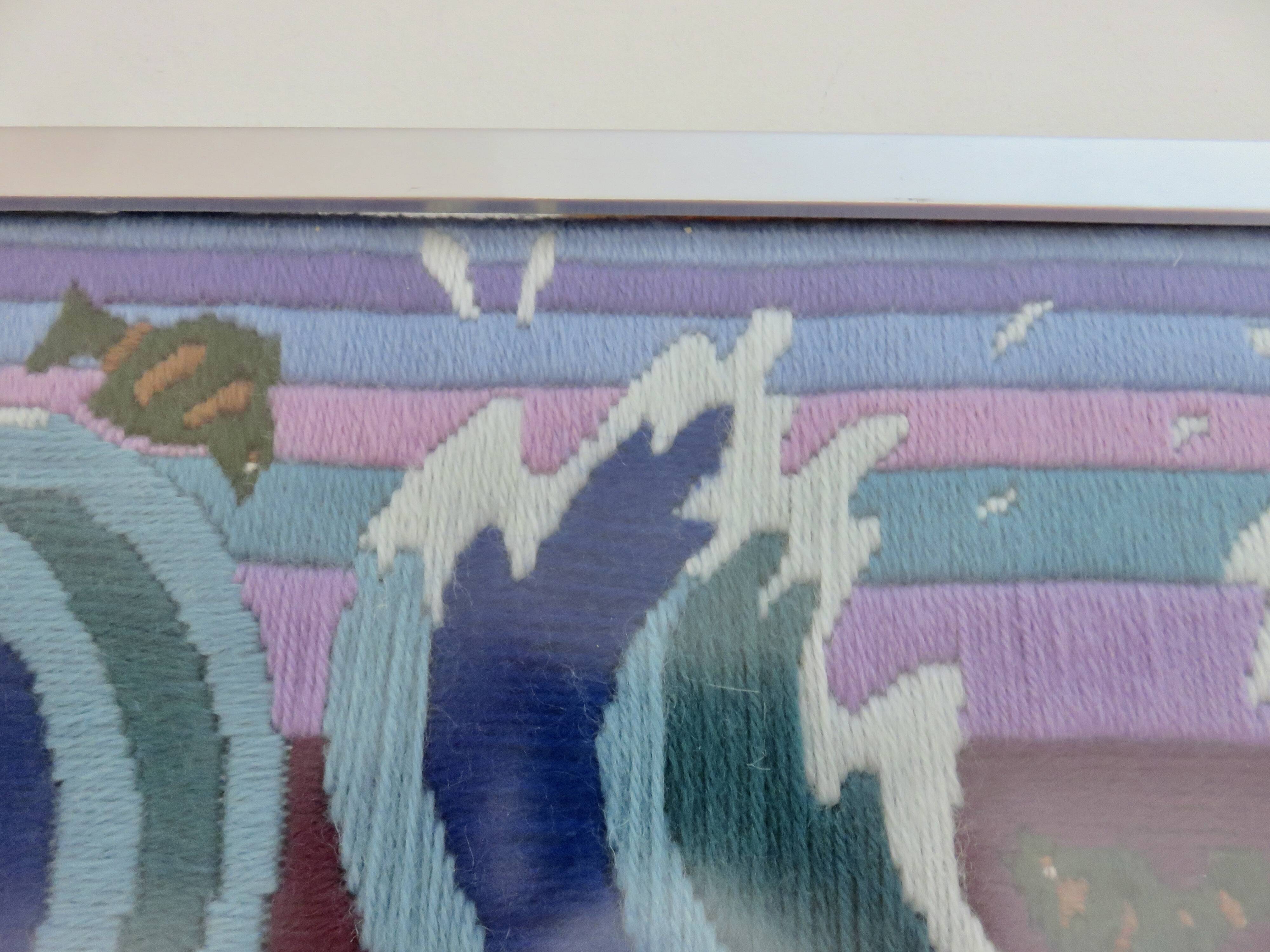 Futuristic tapestry, made of wool, framed, seagulls, ocean, fish, 1970.